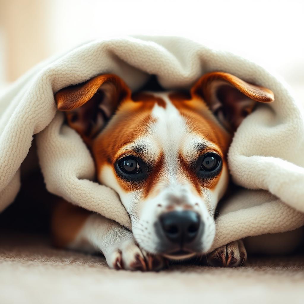 Perro ansioso refugiado bajo una manta