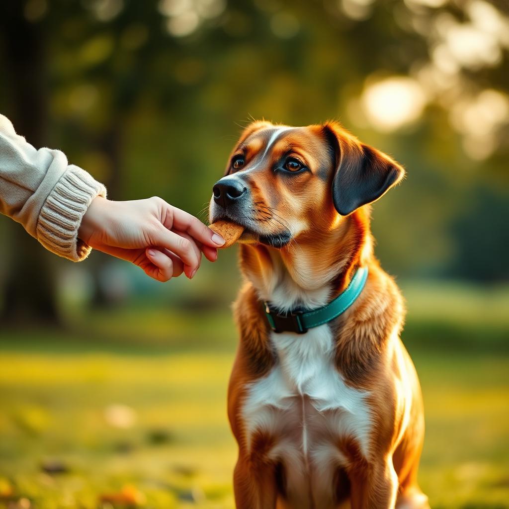 Mano premiando a un perro tranquilo